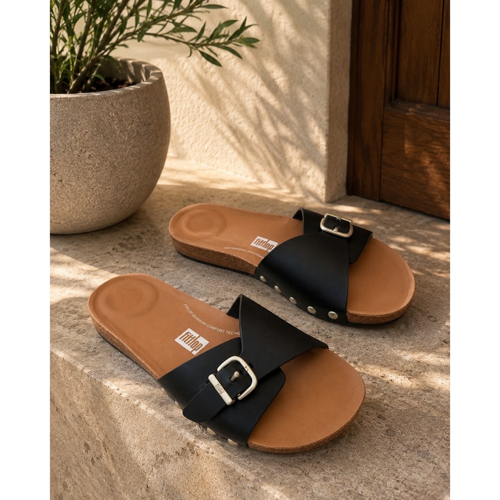 NWOB FitFlop iQushion Adjustable Buckle Leather Slides Studded Black 7